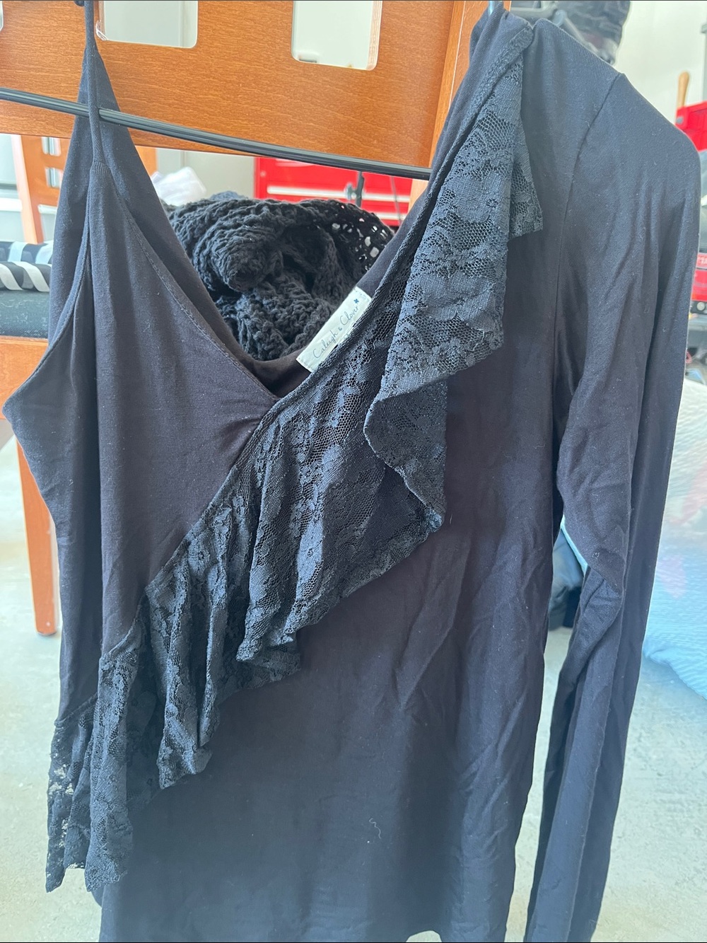 Black Lace Ruffle V-Neck Long Sleeve Top